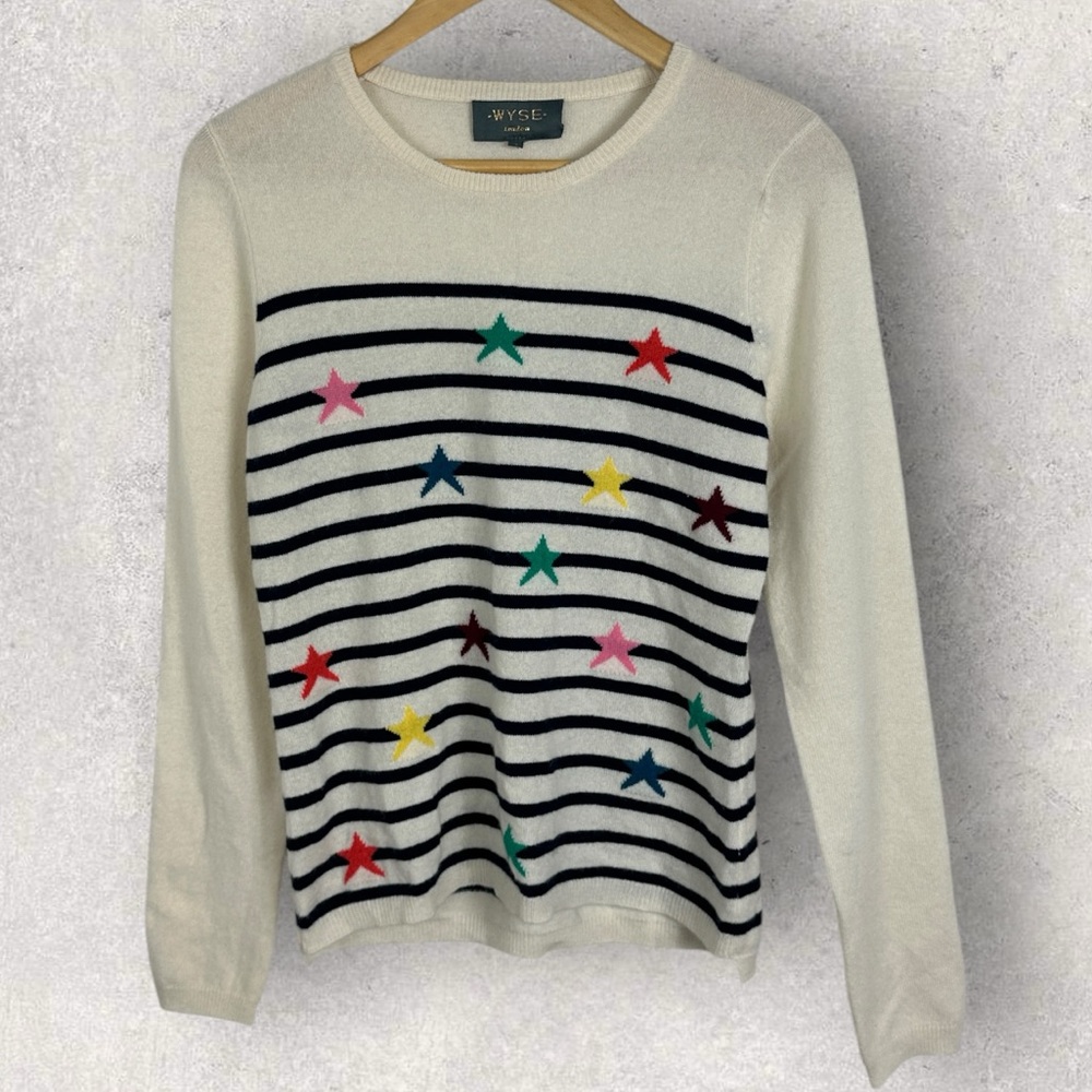 WYSE London 100% Cashmere Crew Neck Pullover Sweater Ecru Star Print Stripe Knit